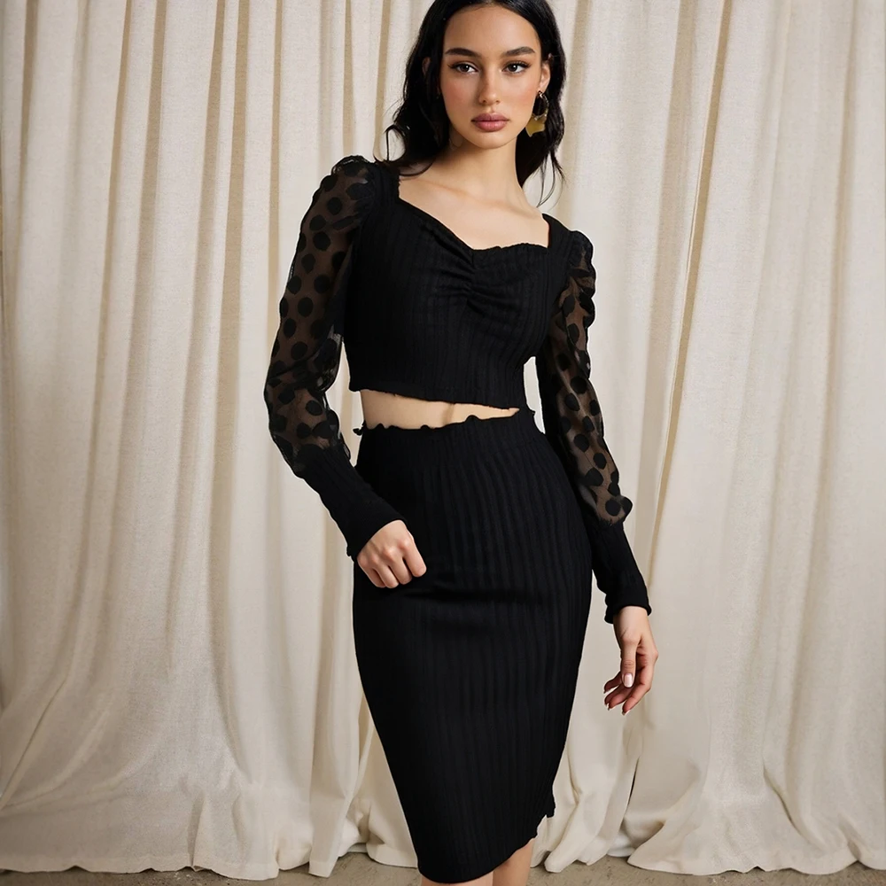 مجموعات نسائية ربيعية مثيرة شفافة بأكمام طويلة ورقبة على شكل قلب بلوزات بطول الركبة عالية الخصر تنانير ملفوفة مجموعات المواعدة