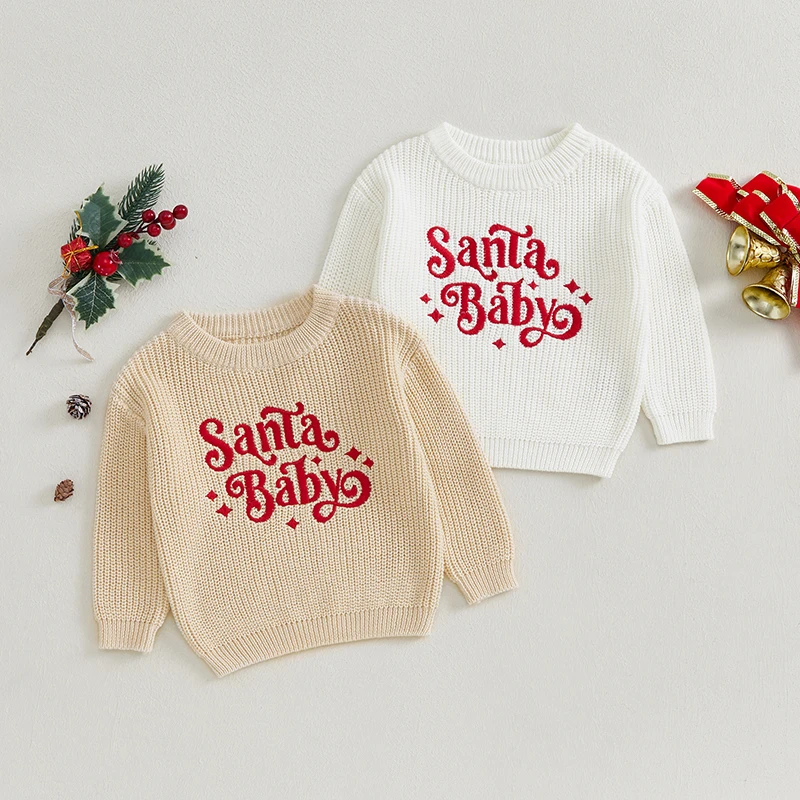 VISgogo 0-3 Years Baby Boy Girl Christmas Sweater Letter Embroidery Long Sleeve Crew Neck Pullover Knit Tops for Fall Winter