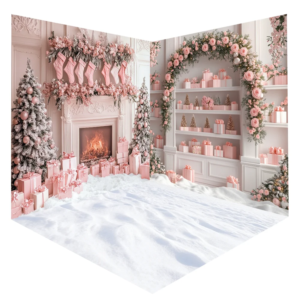 

Christmas Tree Background Photography Indoor Home Party Pink Fireplace Snow Gift Room Decoration Background Studio