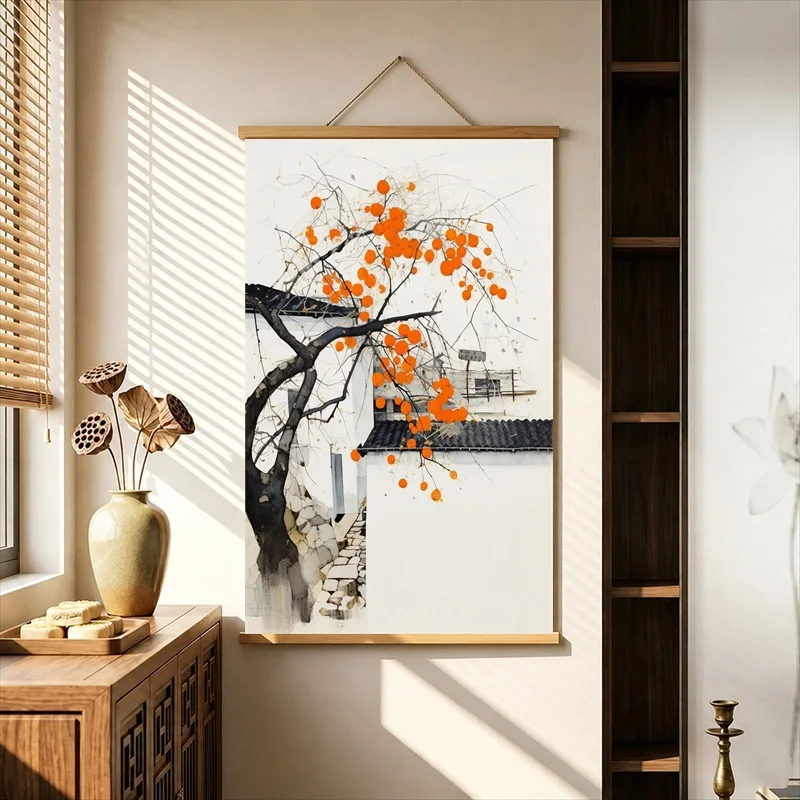 Wall Decor Orange Persimmons on Ink Branches, Oriental Botanical Pearlescent Canvas Hanging Scroll with Wooden Rods for Tea Room