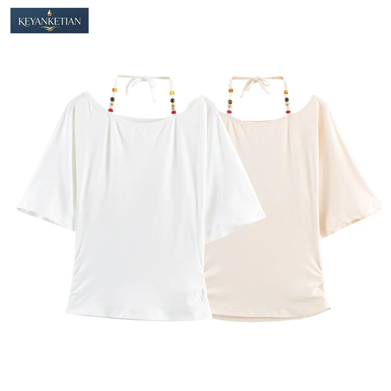 

KEYANKETIAN 2026 Bohemian style Casual Halter Neck Top Loose Fit Beaded Tie Straps & Off-Shoulder Design Batwing sleeves T-shirt