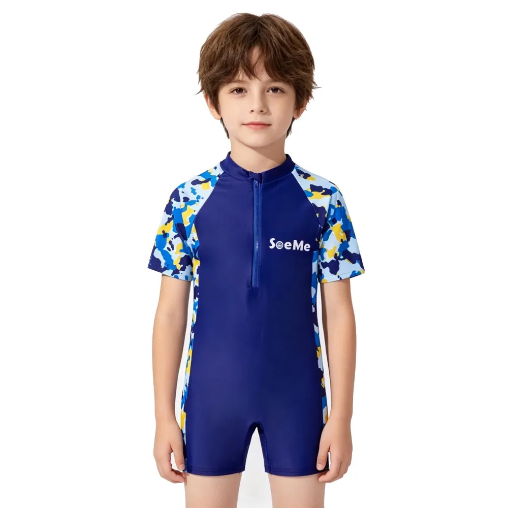 Traje de Baño Deportivo de Una Pieza con Rayas Rosas para Niñas, Traje de Baño de Manga Corta con Cierre para Niños, Secado Rápido, para Playa