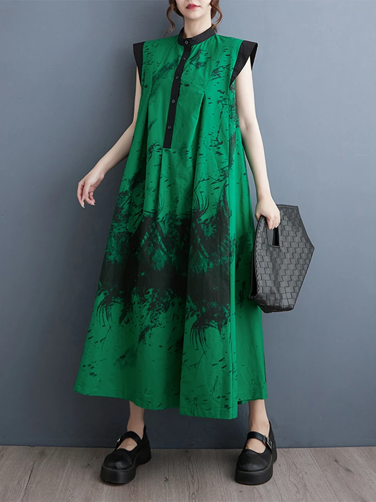 Nyfs-فستان طويل كلاسيكي للنساء ، كبير ، فضفاض ، مطبوع ، موضة بلا أكمام ، جديد ، صيفي ،