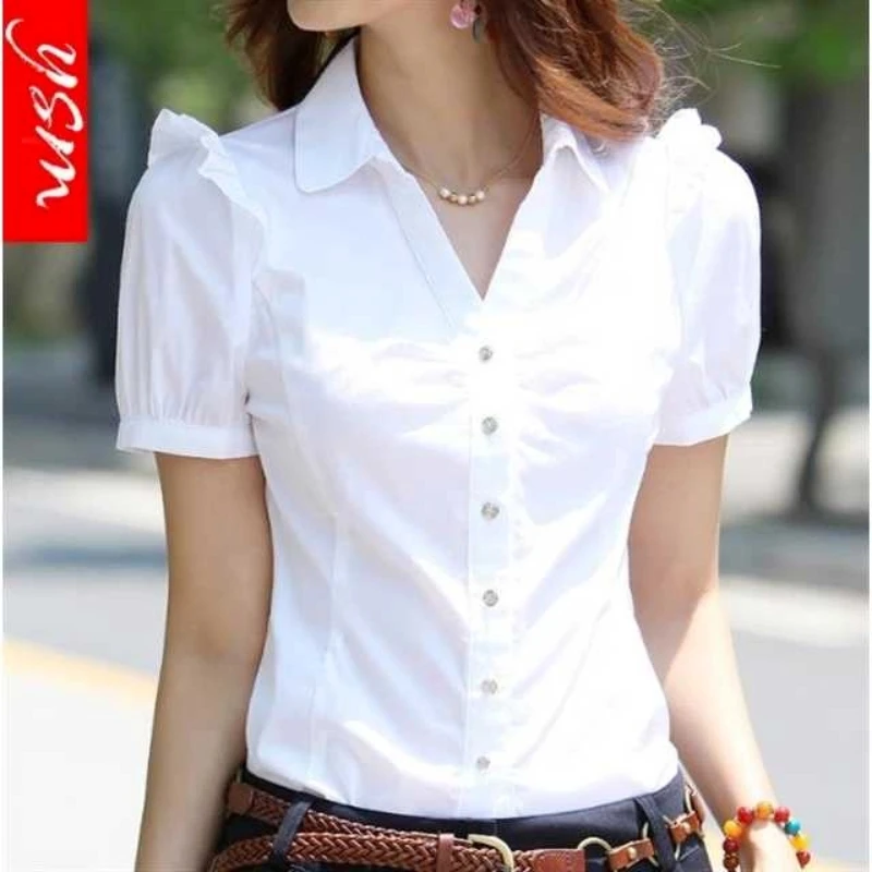 

Office Lady Short Sleeve Polo Neck Basic Blouse Women Clothing New Summer Solid Simplicity Elegant Shirt Tops Fashion Vintage