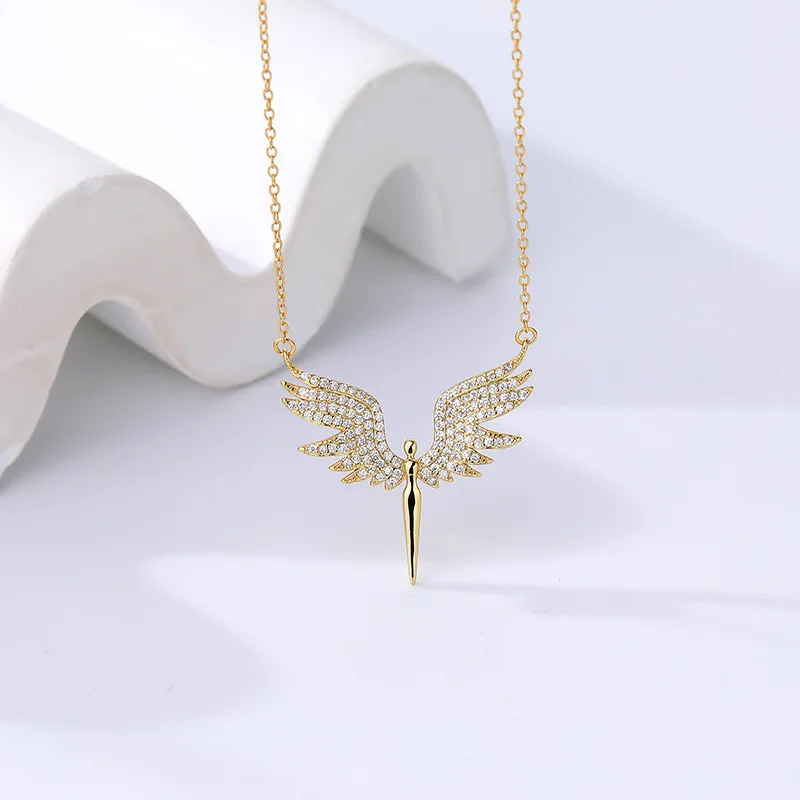 F.I.N.S Pure 925 Sterling Silver Gold Luxury Zircon Angel Wings Necklace Pendants Luxury Shiny Clavicle Chain Fine Jewelry