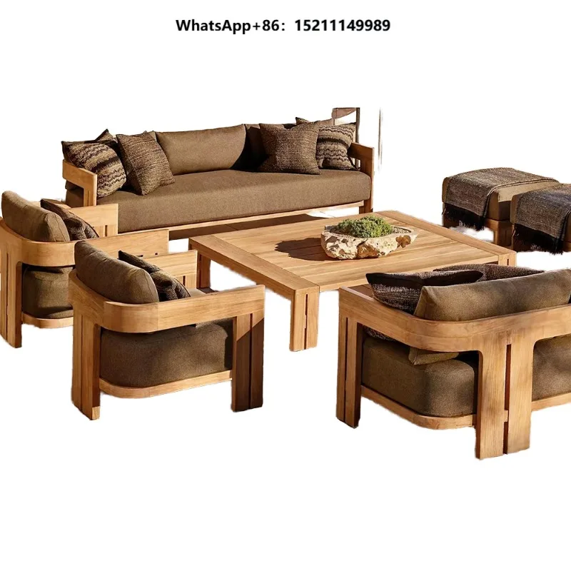 Modern Teak Wood Patio Garden Sofa Set Durable Outdoor Furniture with Rattan for Courtyard Park Use Including Sofa Table