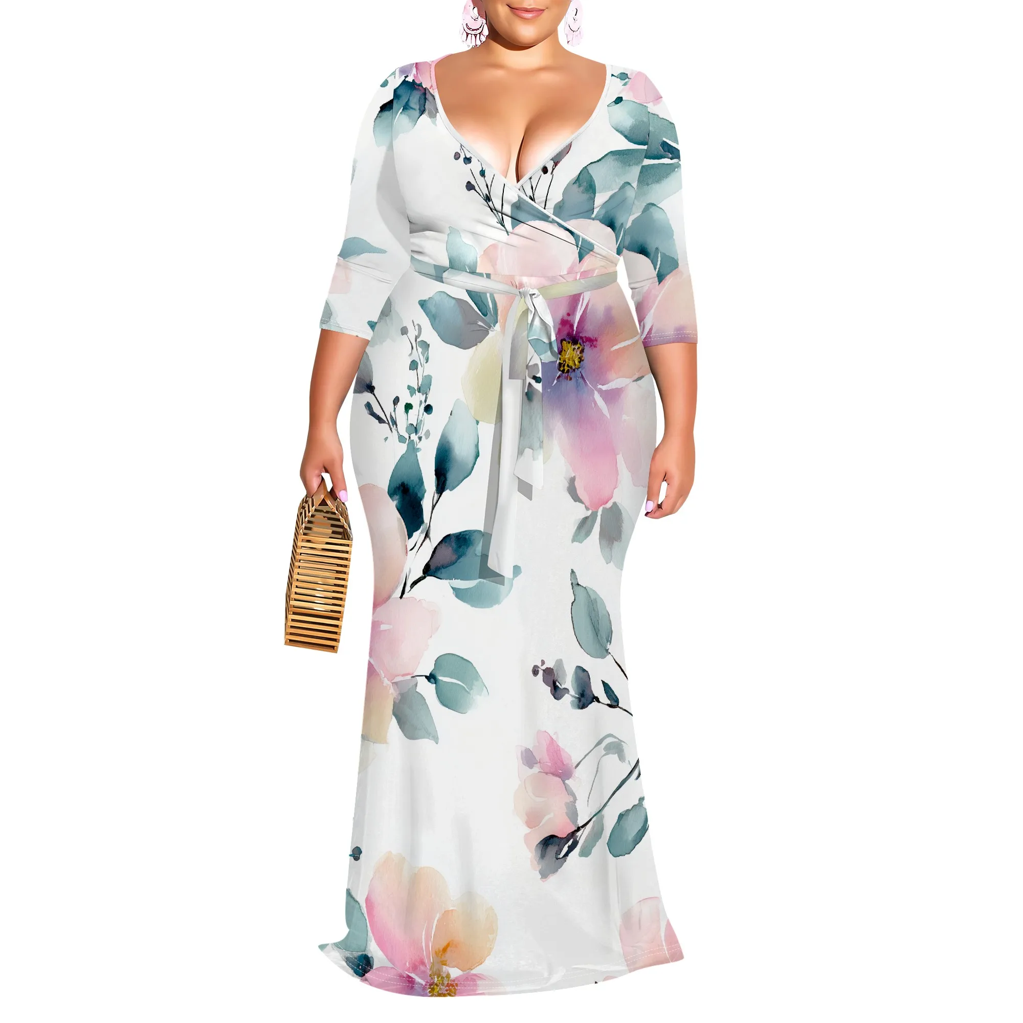 Watercolor Floral Wrap Dress XL-6XL V-Neck 3/4 Sleeve Belted Maxi Style for Garden Party, Spring Brunch or Wedding Guest Look