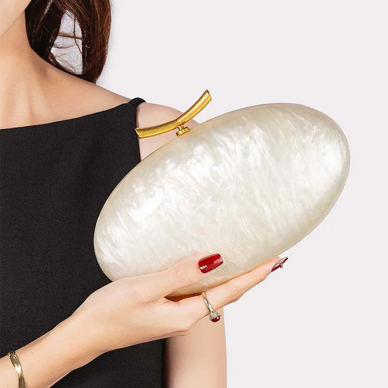 

New Women's Fashion Evening Clutch Bag Luxury Egg Acrylic Chain Cross body Handbag Oval Shaped Shell Wedding Party Banquet Bag
