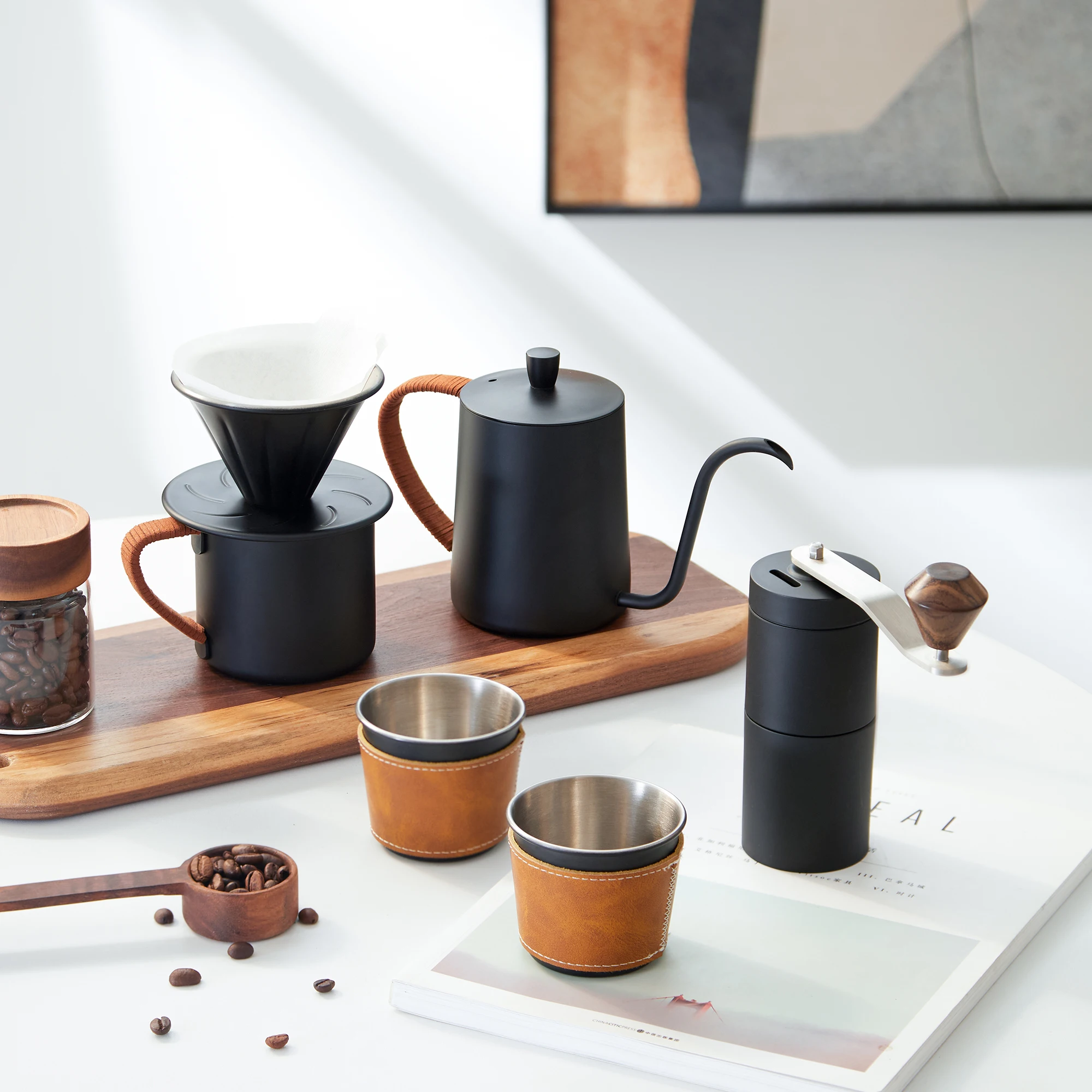 

Filter Cup Pour-Over Kettle Coffee Grinder Complete Set Pour-Over Coffee Set for Outdoor Travel