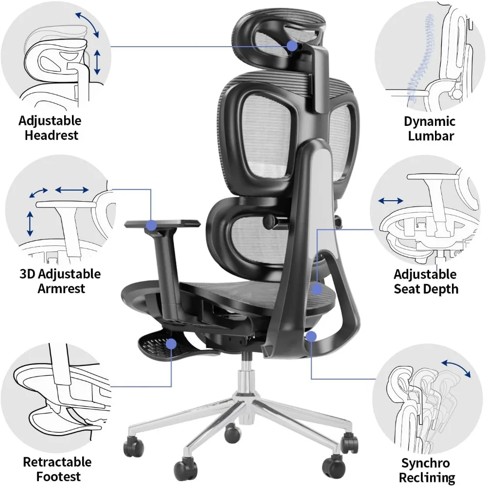 Ergo3d rolamento cadeira de mesa com braço ajustável, cadeira do computador, encosto alto, malha, cadeira giratória executiva, preto