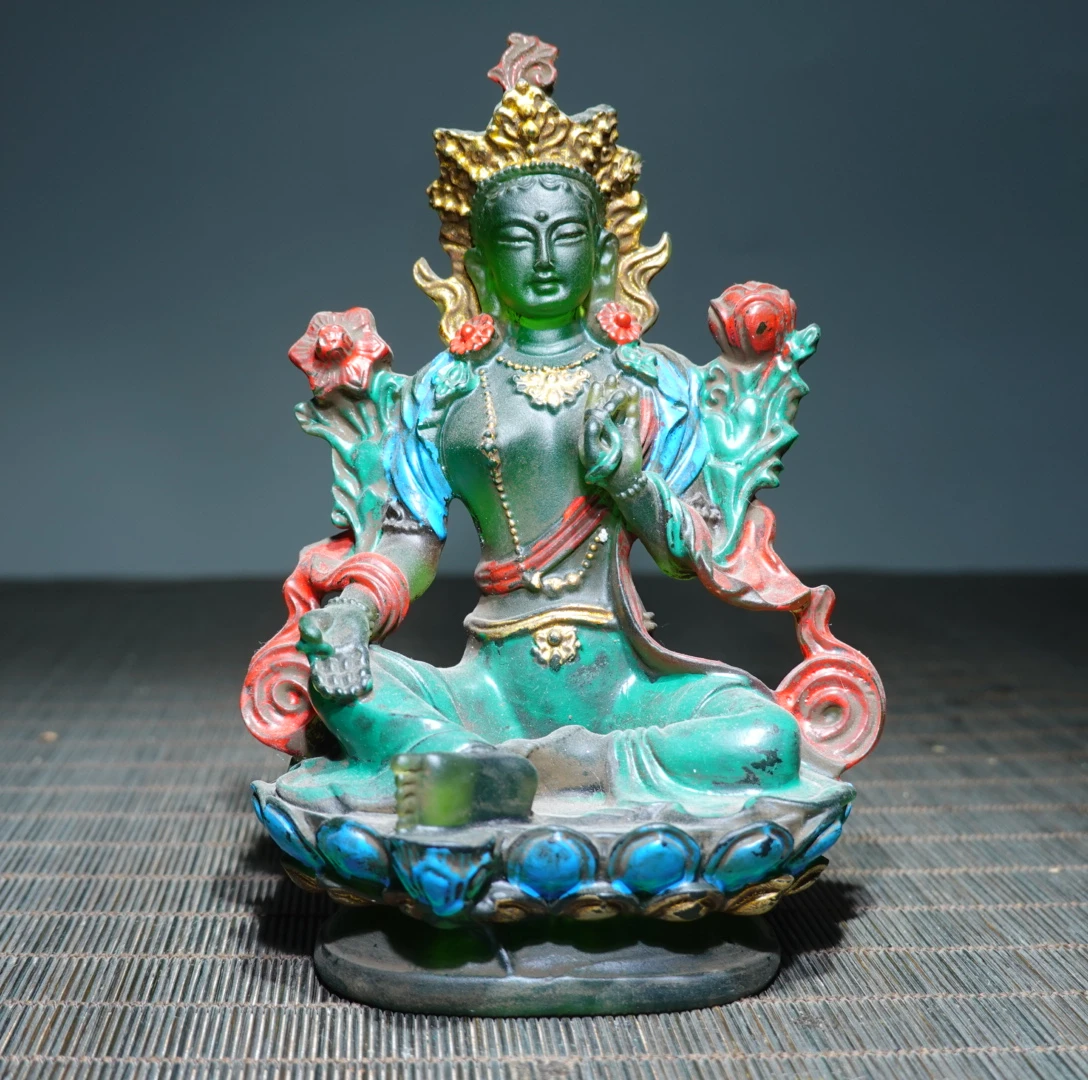 Ancient China Colored Glaze Liuli Crystal Green Tara Buddha Statue Feng Shui Home Decor Prayer Supplies Pray Kai Guang Ornaments