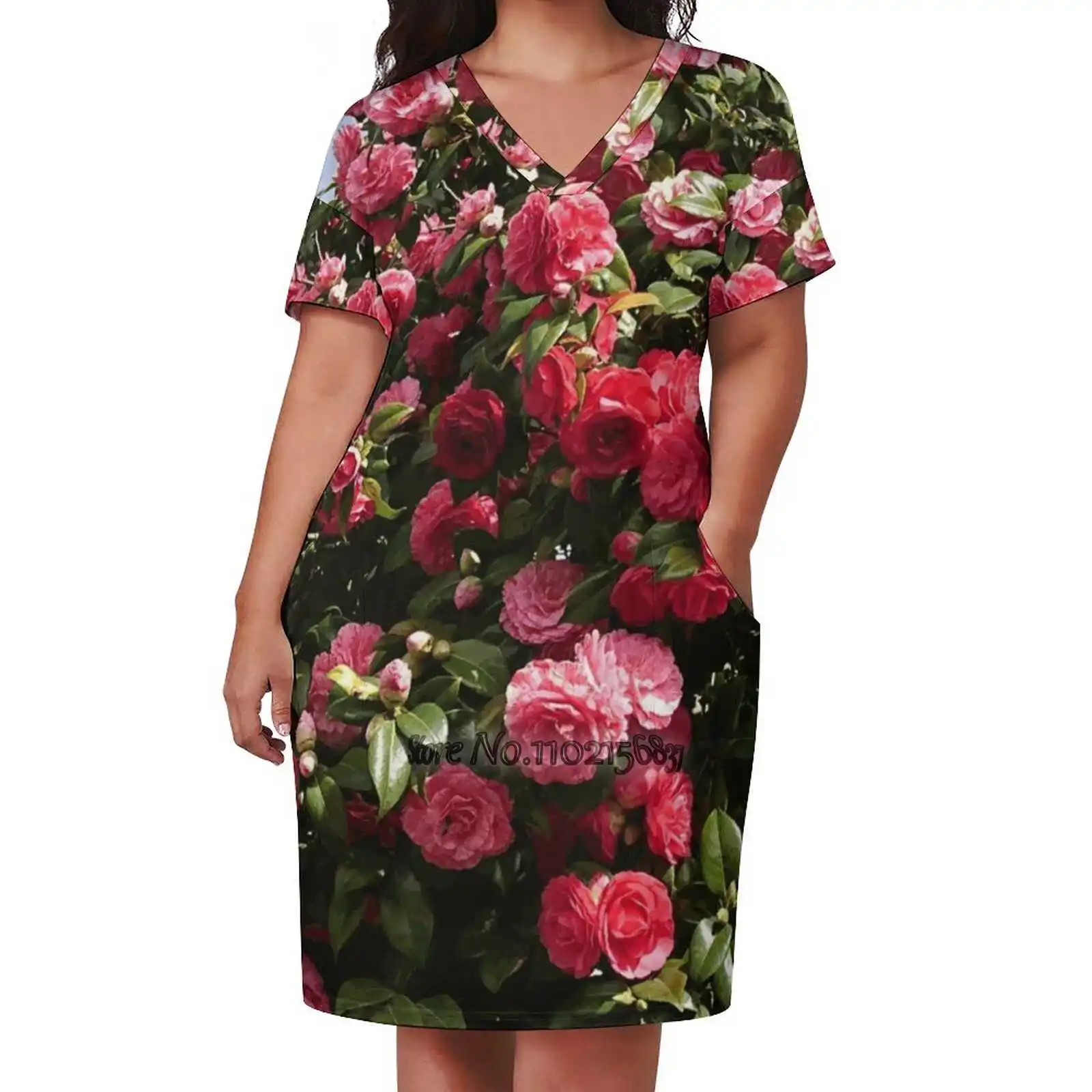 Spring Blooming Pink V-Neck Short Sleeve Dress A-Line Skirt Women'S Clothing Office Lady Elegant Skirt Gardens Flowers Floral