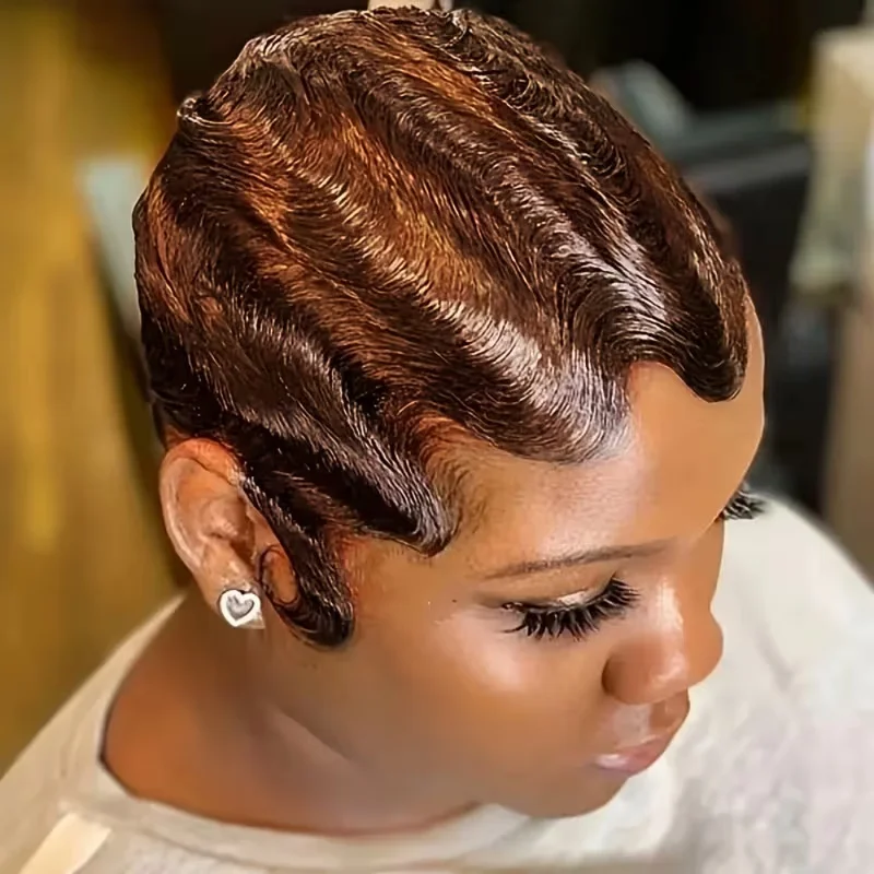 

Короткие парики с стрижкой пикси для женщин, океанские волнистые пальцы, волнистые 13x4, прозрачный кружевной фронтальный парик из человеческих волос Remy