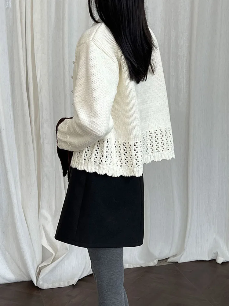 WHTREND Aushöhlen Pullover Spitze Gestrickte Rundhals Einfarbig Einreiher Strickjacke Herbst Winter Neue Abnehmen Top WH1795