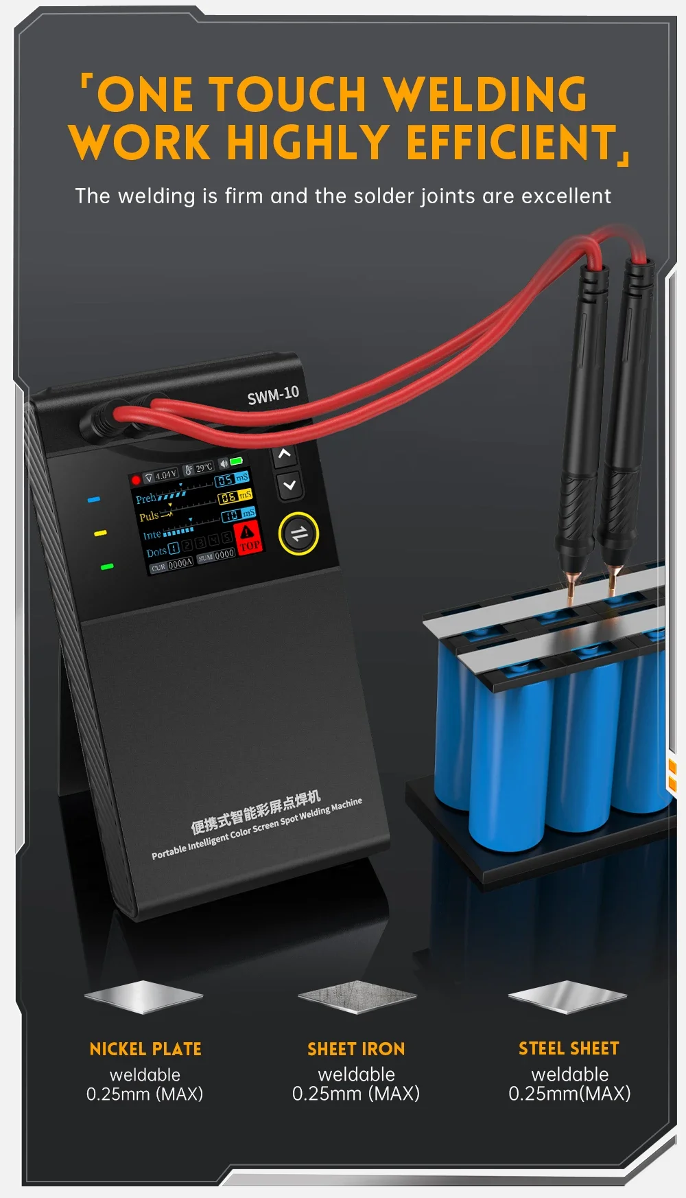 FNIRSI SWM-10 Tragbarer TFT-Bildschirm Akku-Schweißer, Handgehaltenes DIY-Schweißgerät, 5000mAh 18650, maximale Nickelplatten-Dicke 0,25mm – Detail 4