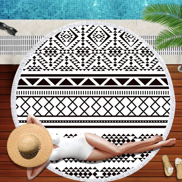 Summer Round Beach Towel Black And White Abstract Line Square Bath Shower Towels Bikini Cover Up Beach Towel