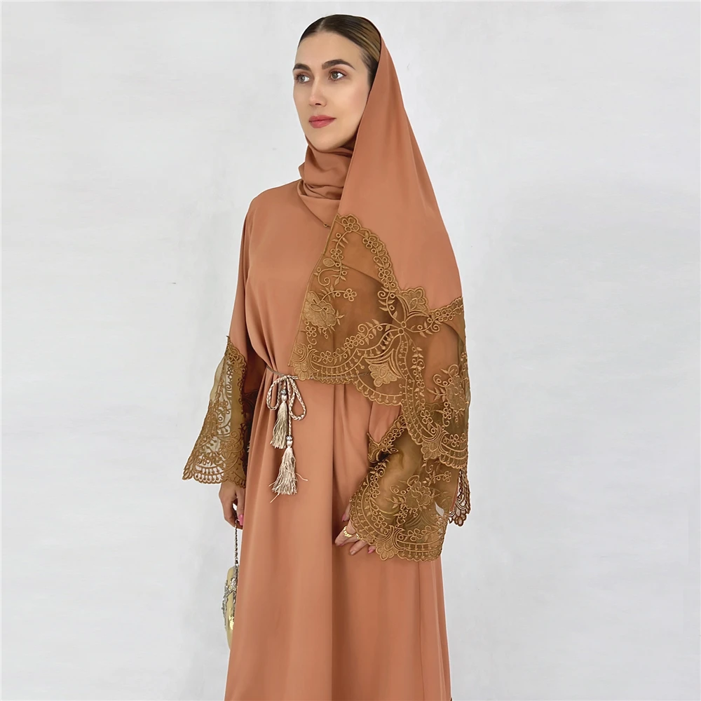 

Скромное искусственное кружево с вышивкой Abaya, элегантное мусульманское женское платье, вечернее женское платье Дубая, кафтан, мусульманская одежда, платья