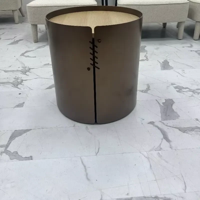 Modern Wooden Side Table Stainless Steel Base Round End Table for Living Room Bedroom Hotel Villa Apartment Furniture Decor