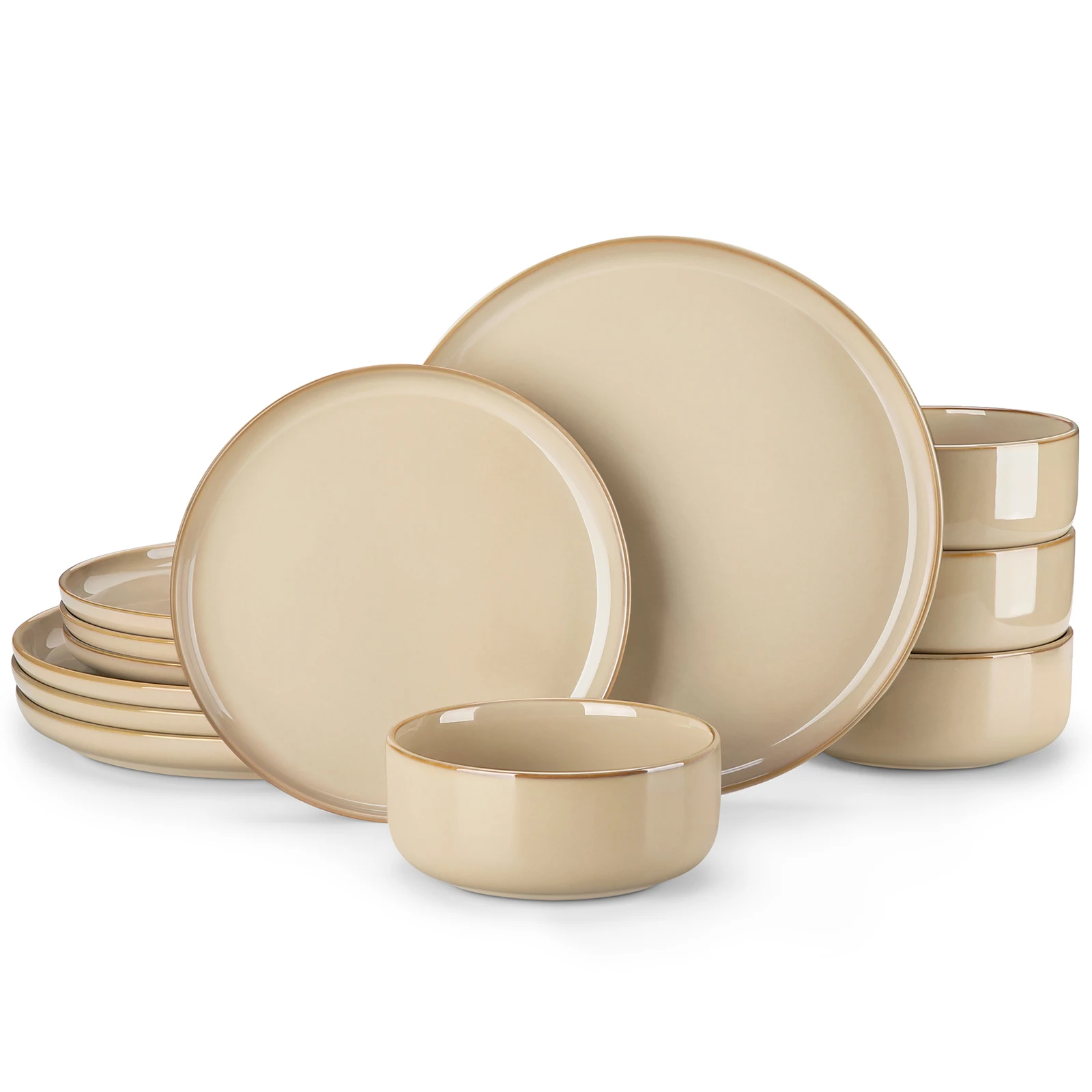  12/16/18/24 Piece Light-Brow Reactive Glaze Stoneware Plates Set Dinnerware Sets With 4/6 Pcs Dinner Plate/Dessert/Bowl
