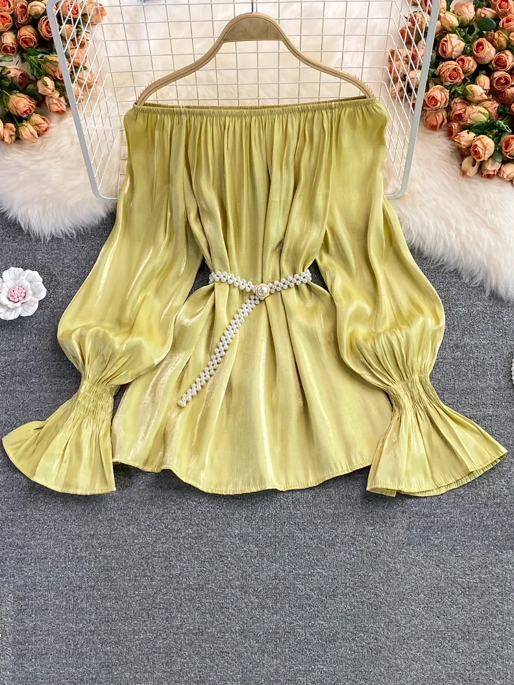 Spring Autumn Women\'s Mid-length Chiffon Blouse with Waistline Neckline Flared Sleeve Shirt Women GD610