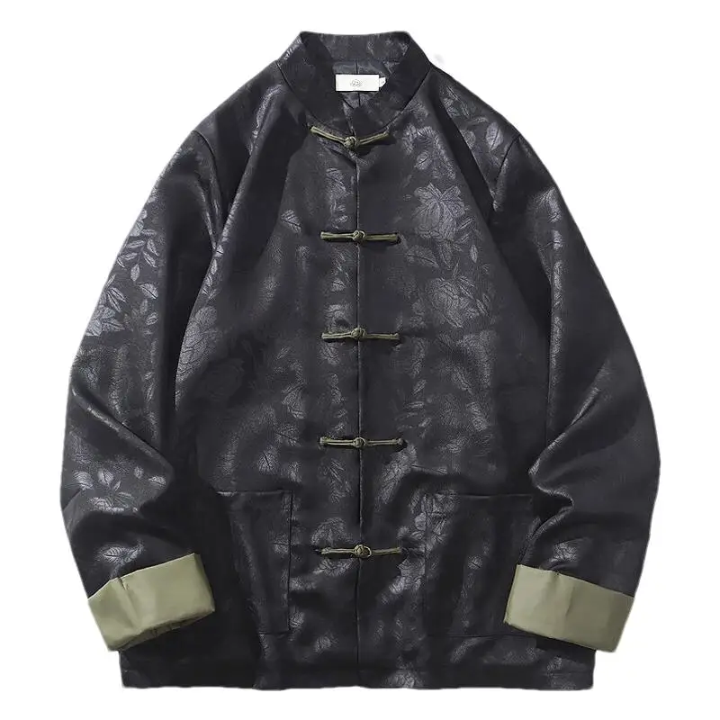 

New Chinese Sle Retro Silk Jaet Men's Spring Autumn Casual Tang Costume Coat with Button Stand Collar Breathable Outerwear