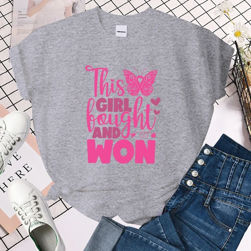 Printed T Shirt Hot Breast Cancer Awareness This Girl Fought and Won Casual Tops Summer Short Sleeve Creative Personalized Tops