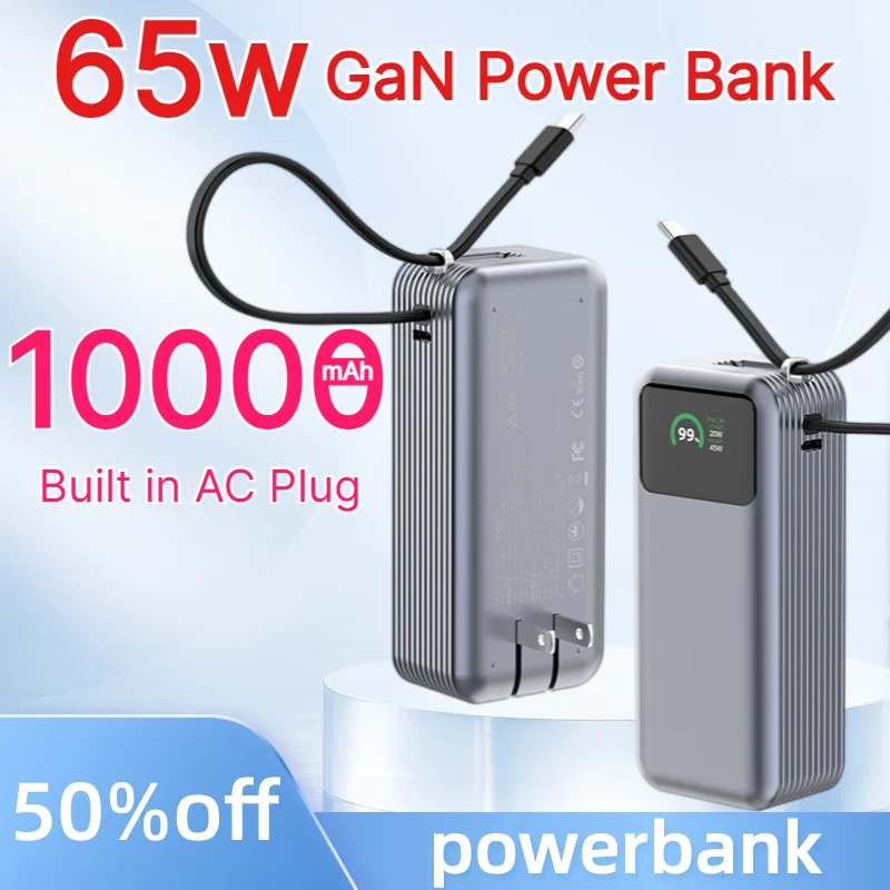 PowerBank 65W 10000mAh GaN Power Bank Built in AC Plug Type C Cable TFT Color Display Portable Charger for IPhone Samsung Xiaomi