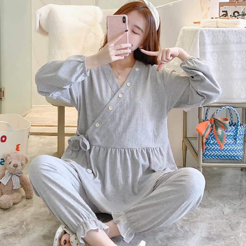 65% Cotton Maternity Nursing Sleepwear Sets Spring Autumn Pajamas Clothes for Pregnant Women Pregnancy Home Sleep for Hospital