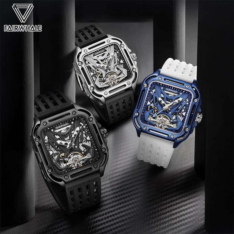 Montres automatiques creuses pour hommes, acier inoxydable, carré, montre mécanique, cool, Shoous, tourbillon, mode, nouveauté