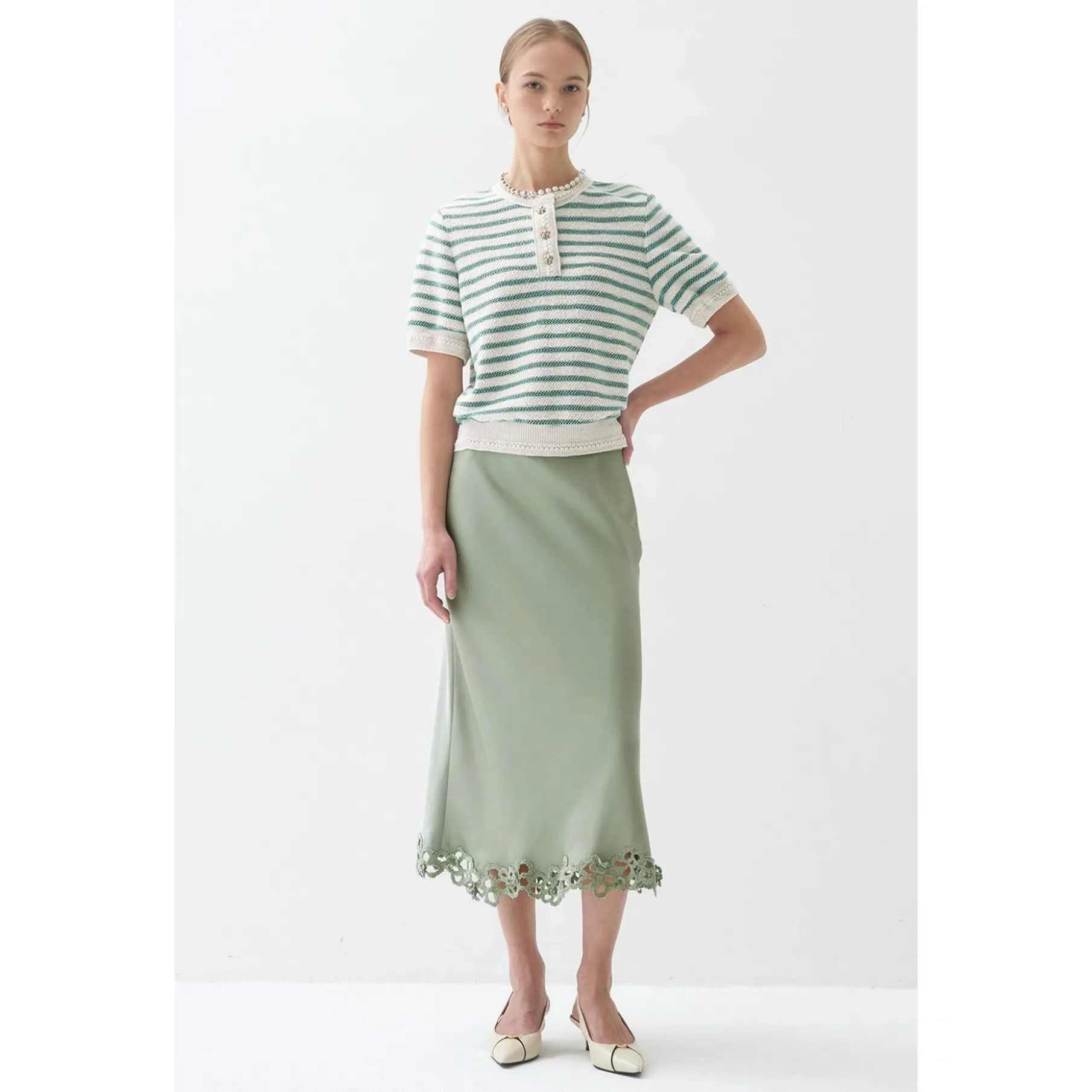 

Linyao LAN26 Spring Anti-Aging Fashionable round Neck Stripe Bright Thread Elegant Short Sleeve Knitted Sweater Women's Fashion