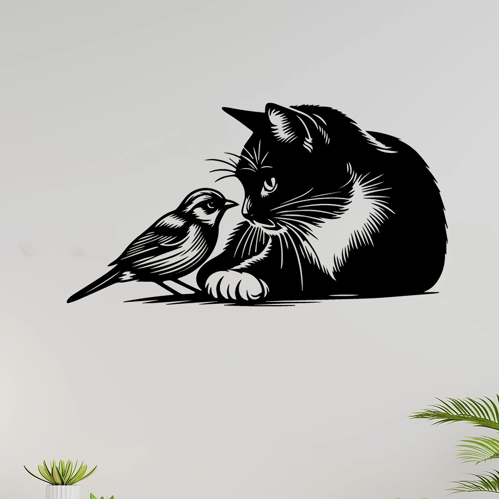 Metal Cat Bird Wall Ornament Weather Resistant Sculpture Home Garden Yard Decor Christmas Thanksgiving Gift