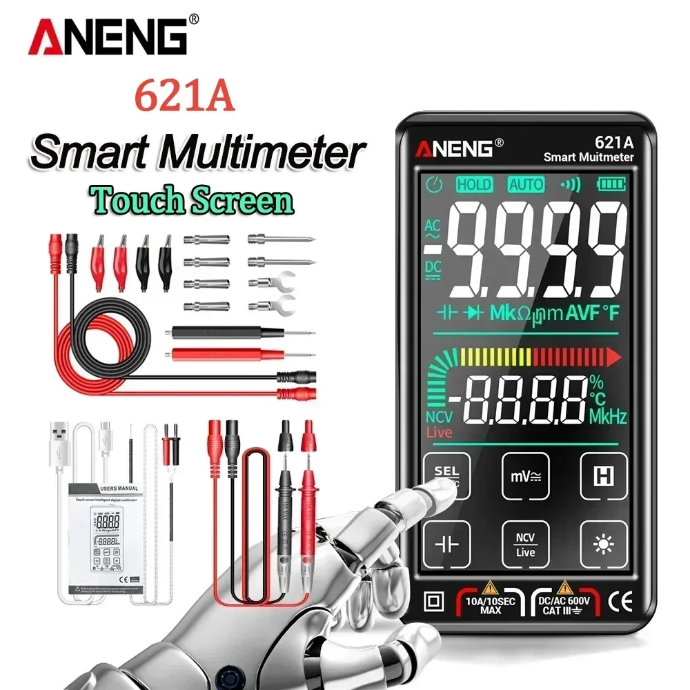 

ANENG 621A Digital Multimeter Smart Touch Screen AC Voltage Tester 9999 Counts Auto Range Capacitance Diode Ohm test tools