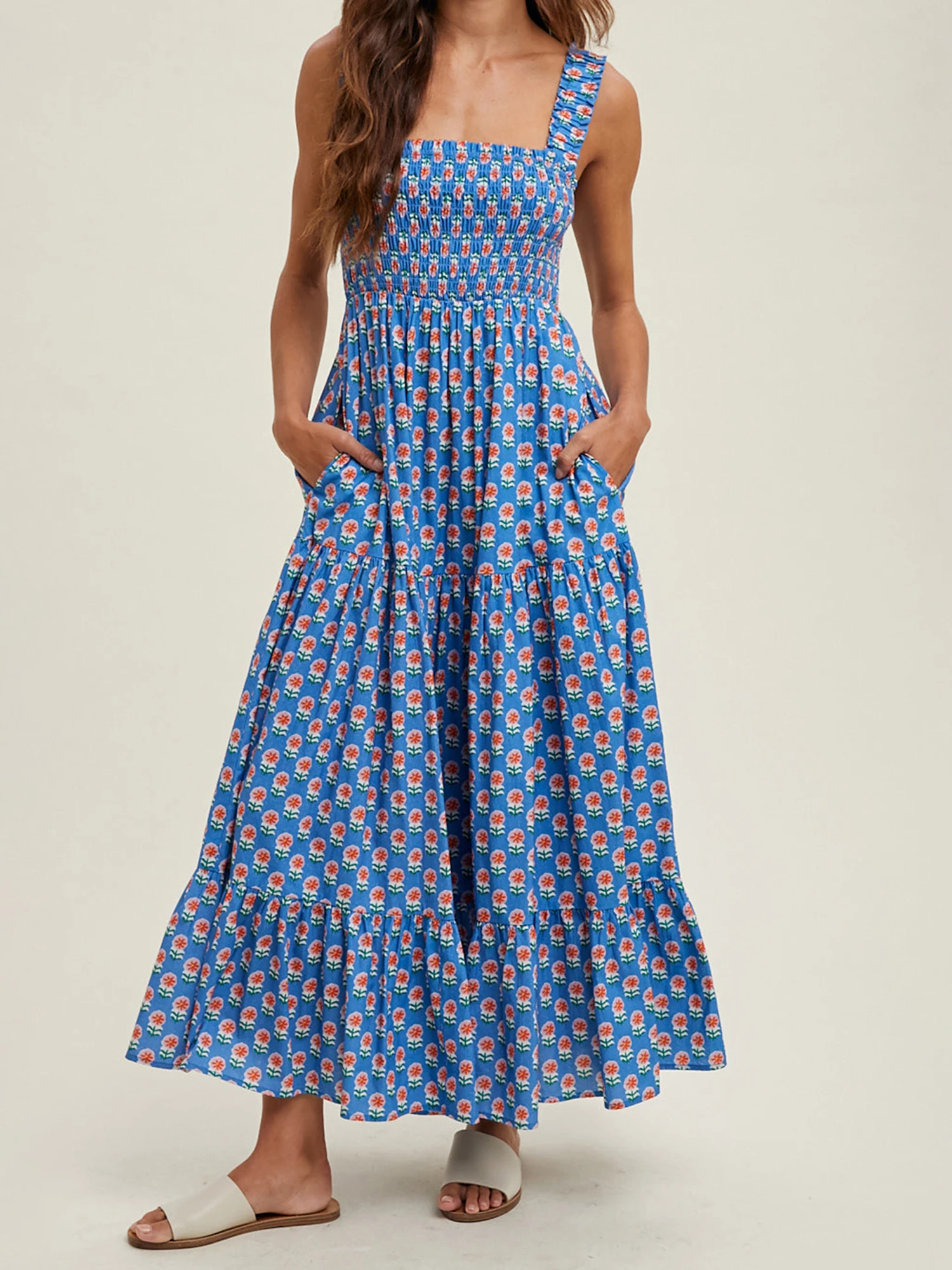 Abito lungo Boho da donna con spalle scoperte, volant, stampa floreale, senza maniche, vita smock, abito lungo da spiaggia estivo con tasche