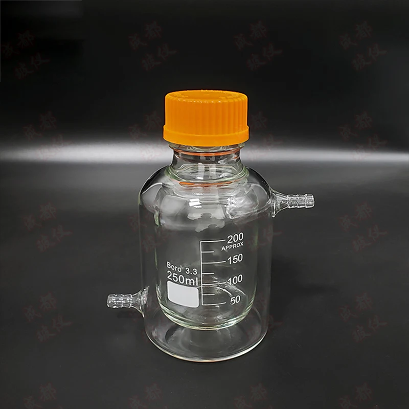 Matraz de fondo plano cilíndrico de un solo cuello de dos pisos, capacidad 100 ml, GL45 mm, botella de reactor con camisa mezzanino, botella de reactivo