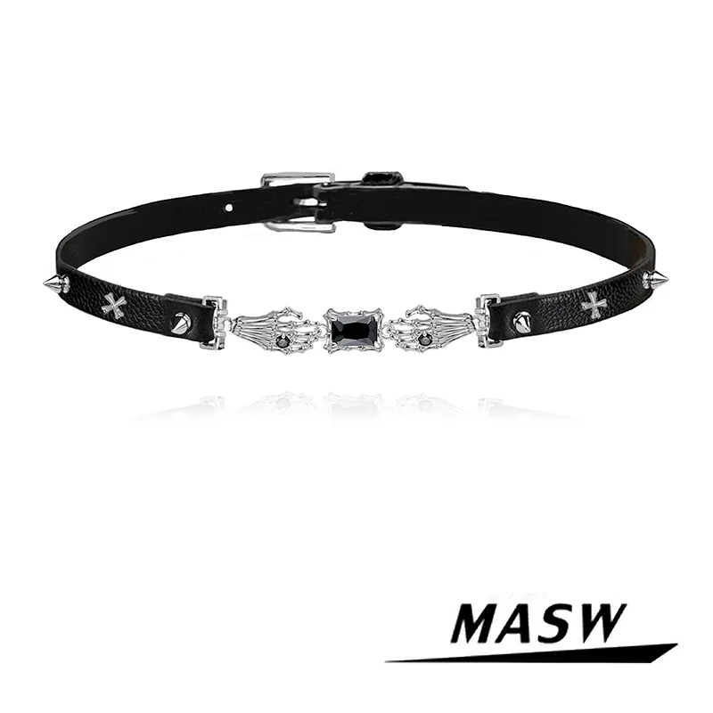 

MASW Original Design Cool Jewelry Hip Hop Punk Style Metal Bone Charm Black PU Choker Necklace For Women Girl Party Gift