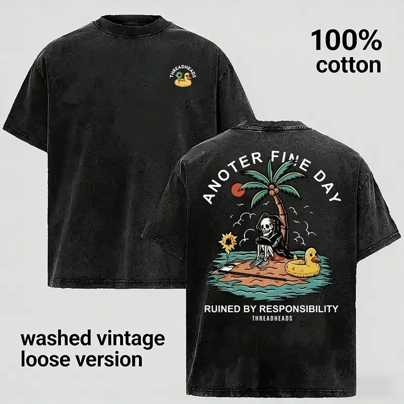 Father's Day Gift,Another Fine Day Ruined By Responsibility T-Shirt,100% Cotton Washed Vintage Men's Loose Tees,Grim Reaper Skeleton Sarcastic Graphic Top,Gift for Boyfriend,Husband,Dad,Family
