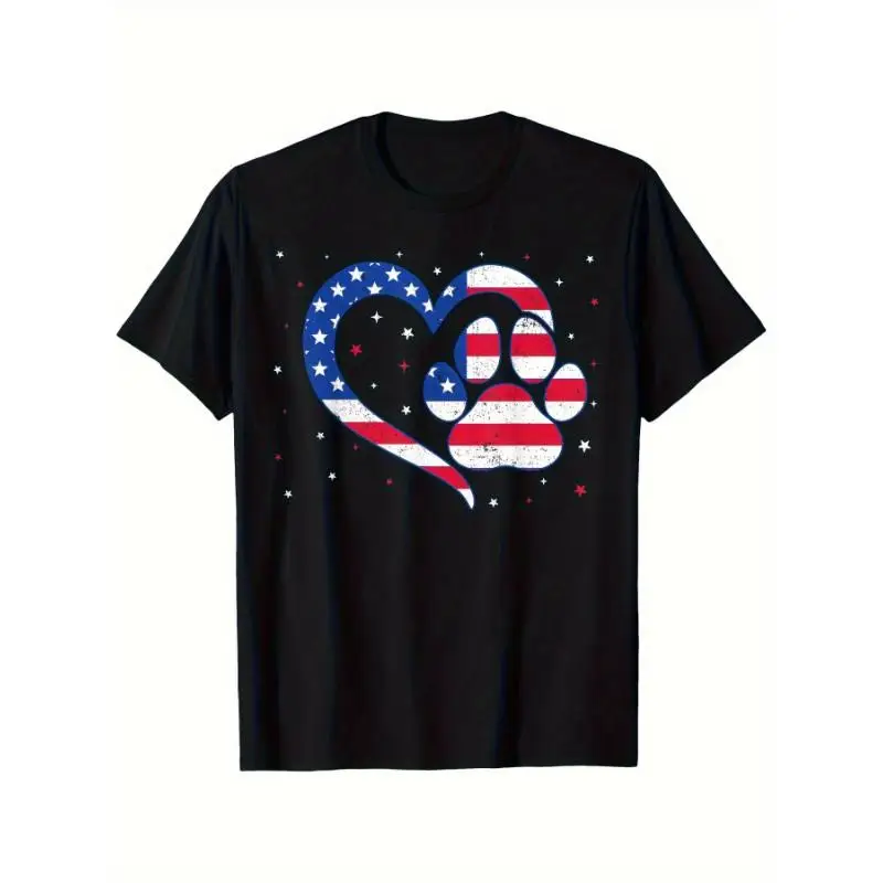 

Patriotic Dog Paw T-shirt Men Women's American Flag Heart Graphic Tee Pet Lover Gift Independence Day Outfit