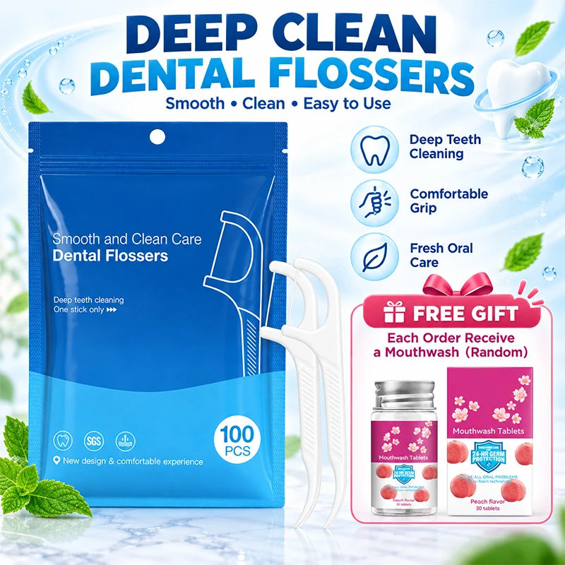 100 Pcs Dental Floss Picks Set Disposable Tooth Flossers for Teeth Cleaning Oral Hygiene Care Interdental Brush Sticks Portable Travel Floss Bulk Pack for Adults Deep Clean Between Teeth Home Travel Use