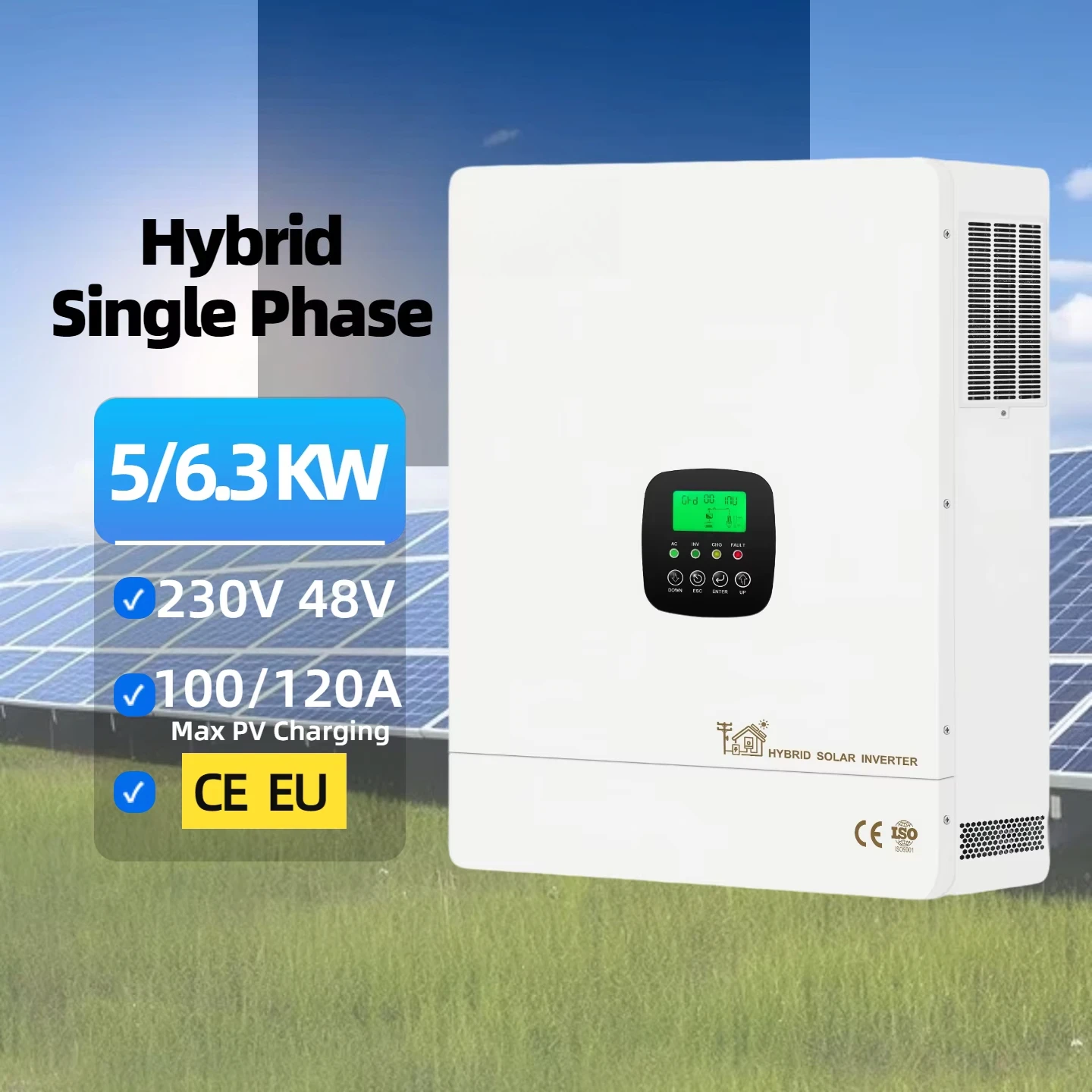 الاتحاد الأوروبي 5KW 6.3kw الهجين العاكس للطاقة الشمسية رائجة البيع 120A 230VAC/48 فولت شرط نقي مرحلة واحدة سعر المصنع