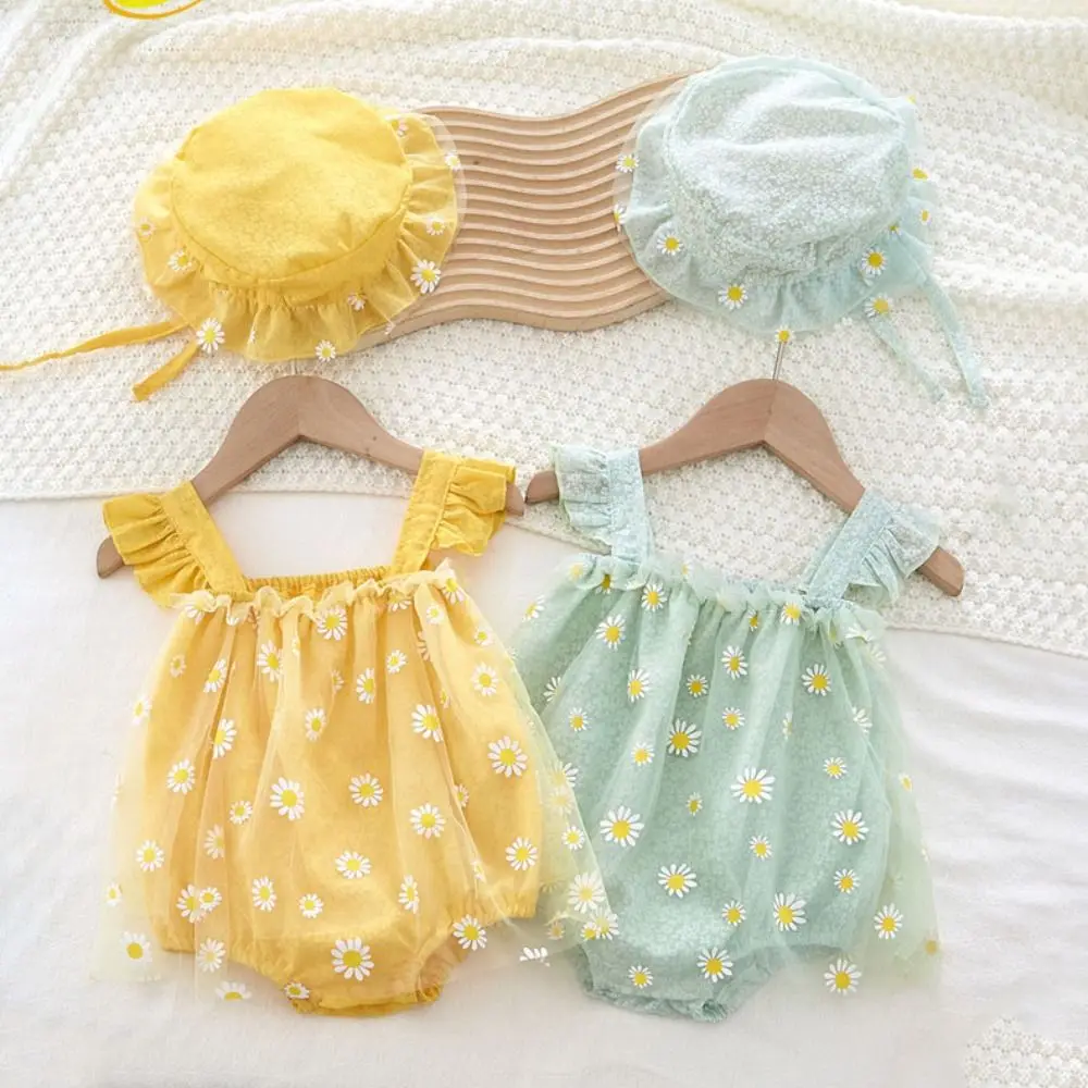 Mesh Flower Baby Princess Dress with Hat Sleeveless Loose Baby Climbing Suit Sweet Thin Infant Romper Toddle Jumpsuits