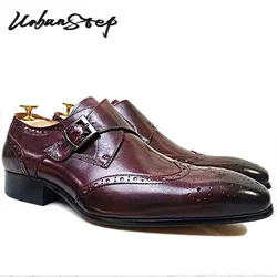 LUXURY MEN'S LOAFERS GENUINE LEATHER BURGUNDY SLIP ON MONK STRAP CASUAL DRESS MAN SHOE BUSINESS OFFICE WEDDING SHOES MEN