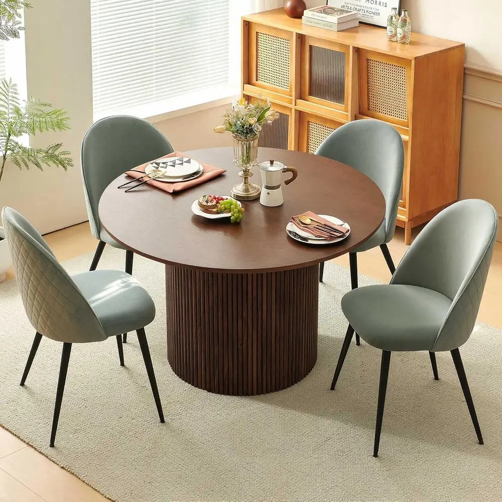 

4-Piece Walnut Round Dining Table Set with Grey Velvet Upholstered Chairs