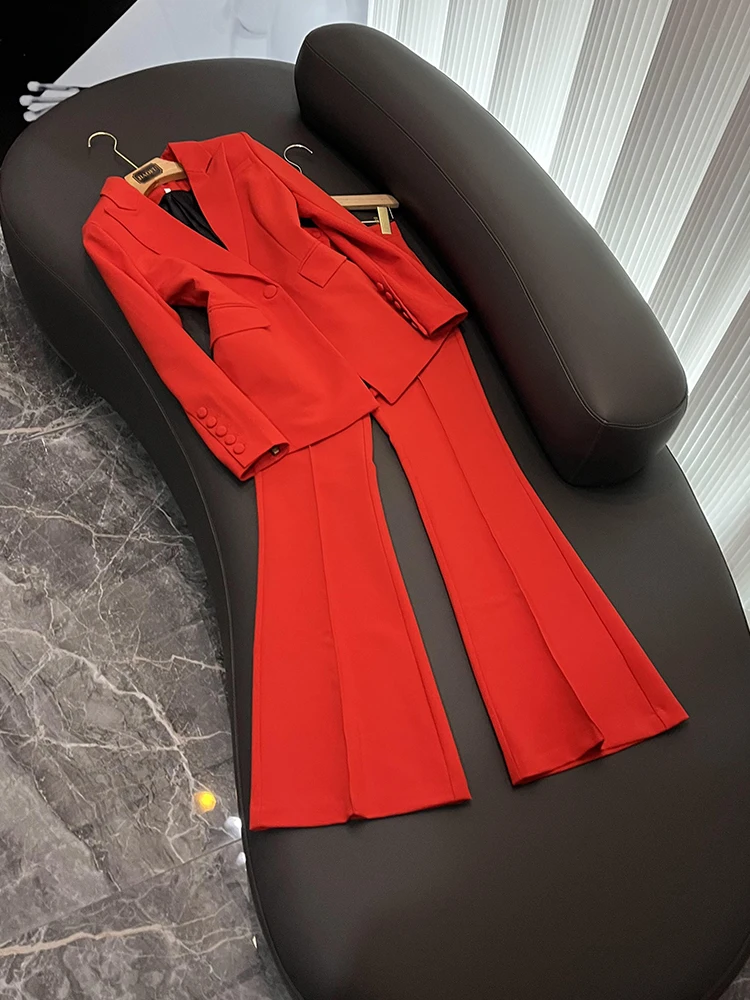 Outfits Blazer Pantsuits Women Two Piece Set Office Ladies Women Purple Business Single Buttons Flared Pants Formal Suit 2024