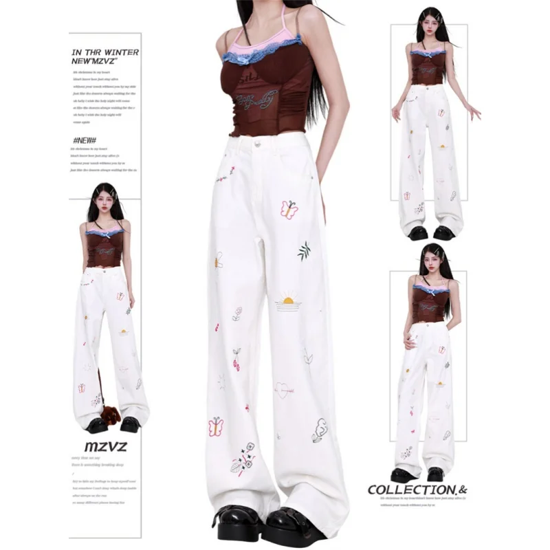

Clothes Y2K Jeans for Women American Wide Leg Pants High Waisted Vintage Straight Summer White Embroidery Baggy Jeans Trousers