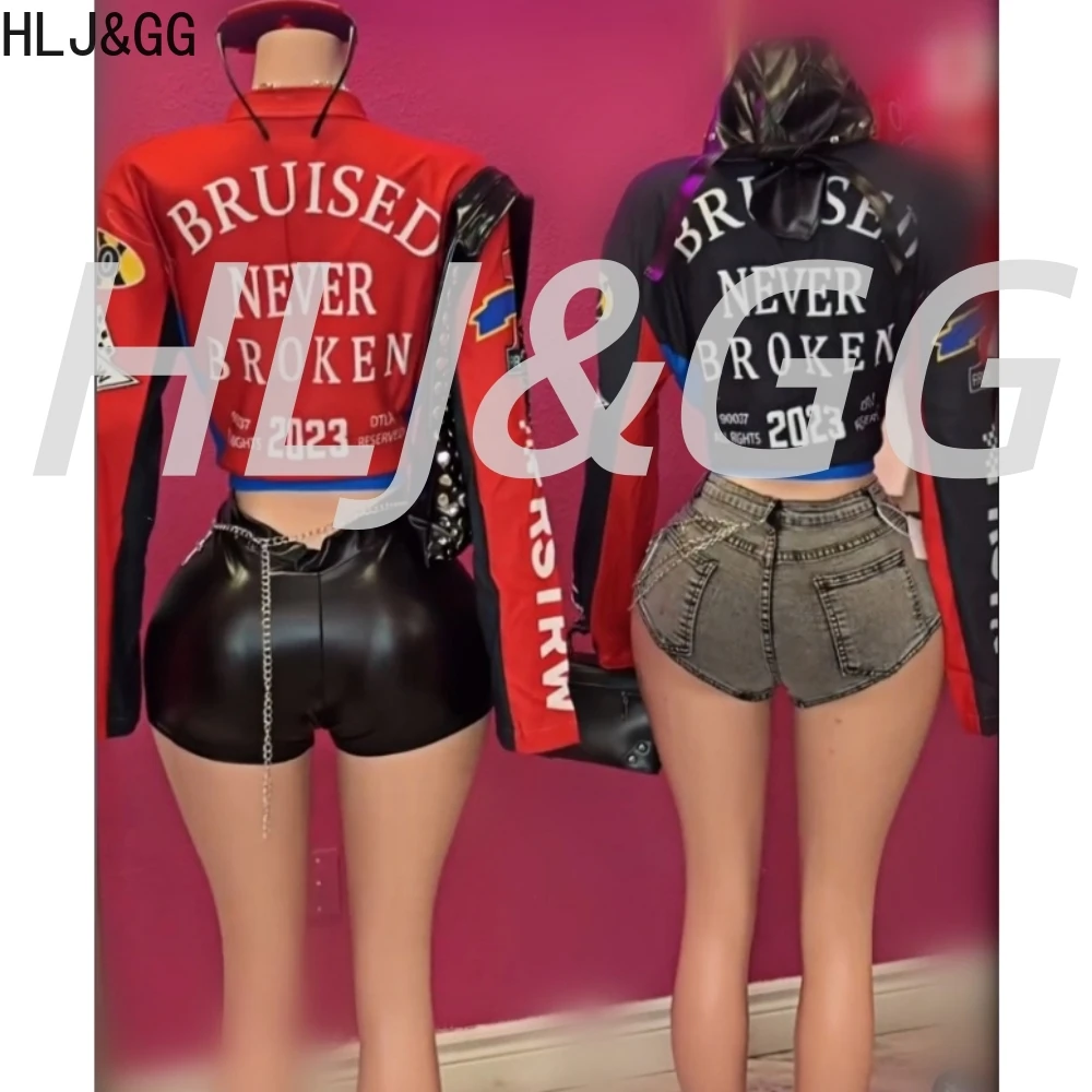 HLJ&GG Fashion Y2K Trend Letter Print Jacket Two Piece Sets Women Zipper Long Sleeve Crop Top And Denim Shorts Outfit Streetwear