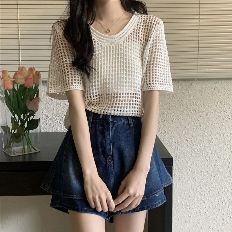 Summer Thin Design Hollow-out Short-Sleeved Sweater Women\'s Clothing Niche Loose All-Matching Classic Style Smock Top Fashion