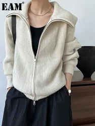 [EAM] Apricot Double Zipper Big Size Knitting Cardigan Sweater Lapel Long Sleeve Women New Fashion Spring Autumn 2024 1DH1643