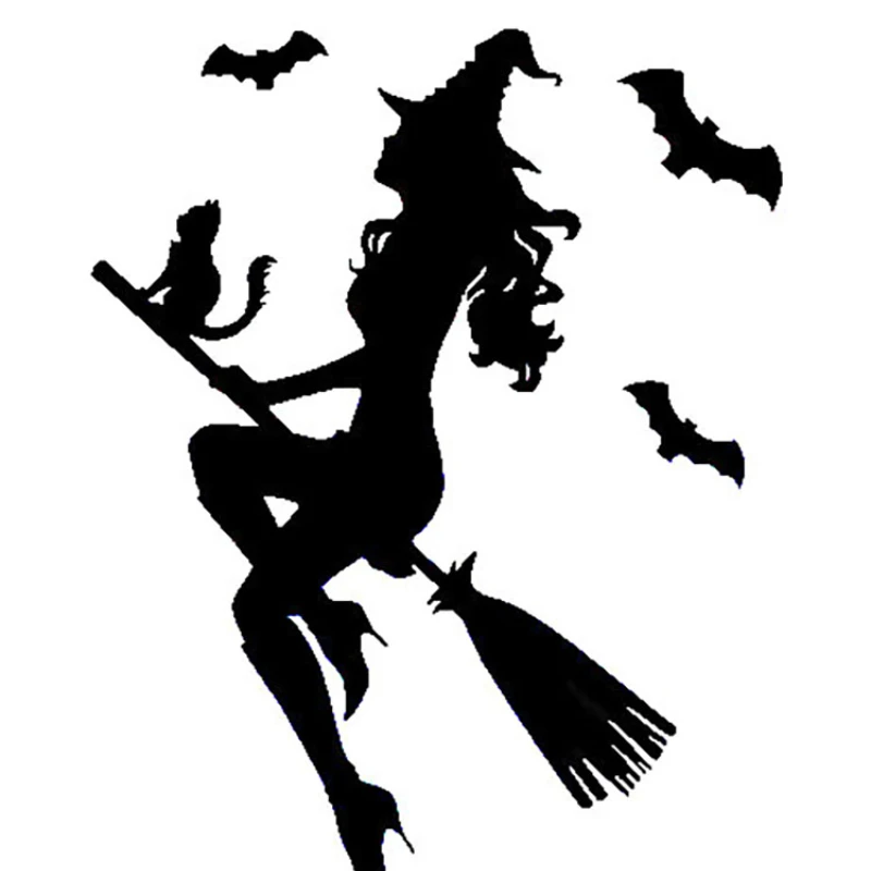 

Черная/серебристая наклейка на автомобиль с летучей мышью, летающая метла, ведьма, виниловая наклейка, кошка 14,2*18,5 см