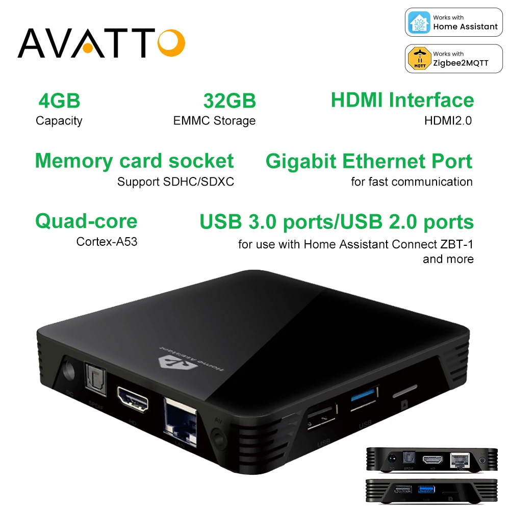 

AVATTO Smart Home Assistant Box Черный шлюз с портами USB 3.0/2.0, 4G Plus 32G Четырехъядерный процессор Cortex-A53 Поддержка ZigBee2MQTT, ZHA