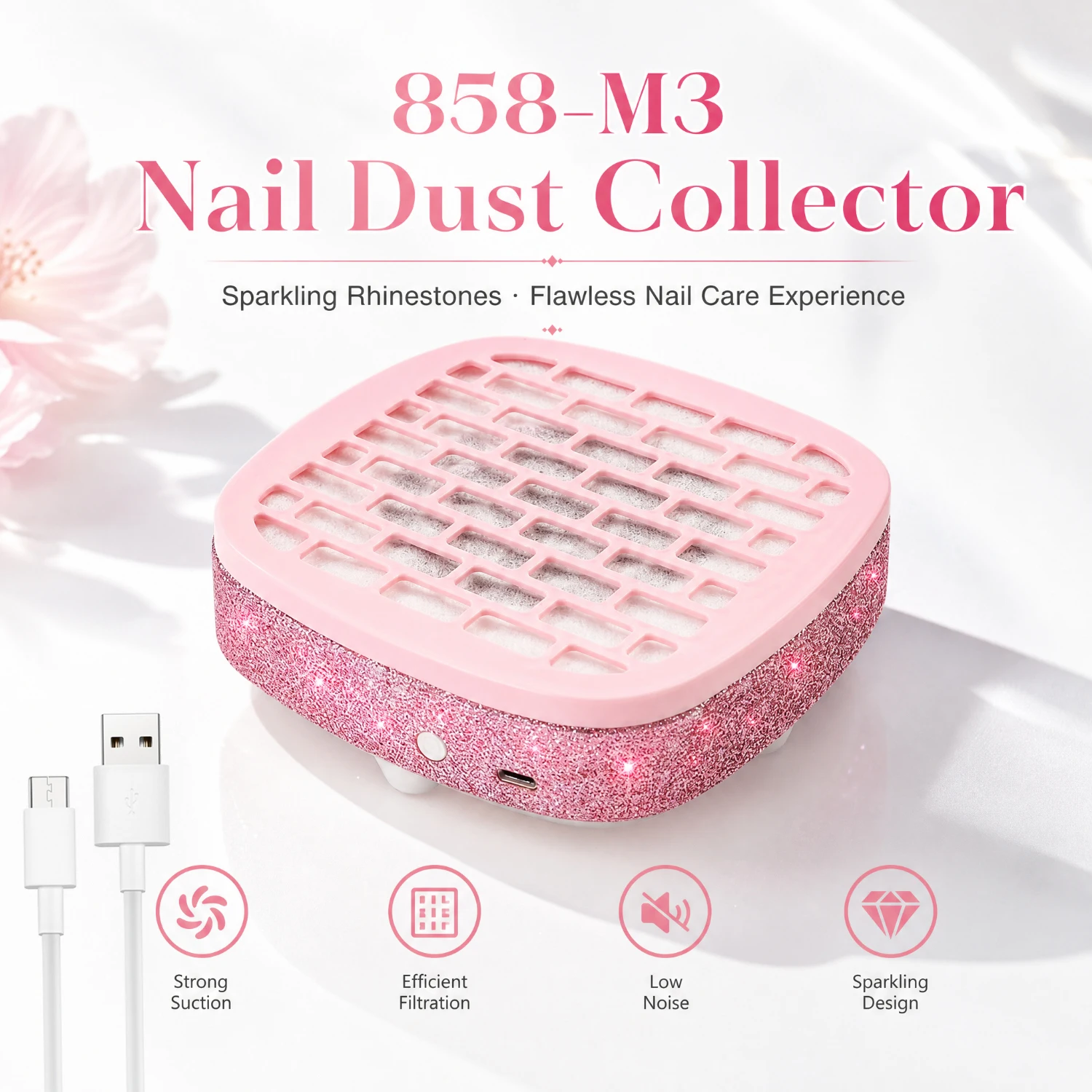 858‑M3 Nail Dust Collector, High‑Suction Low‑Noise Nail Vacuum Cleaner, Rhinestone‑Decorated Shell, Type‑C Power Supply, One‑Touch Switch, Removable Filter Cover, Comes with 10 Filter Papers, For Salon & Home Nail Art